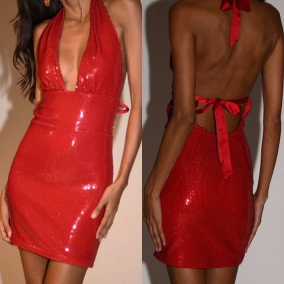Meshki Carleigh Sequin Halter Mini Dress Red Size XXS NWT Holiday Valentines - Picture 3 of 10